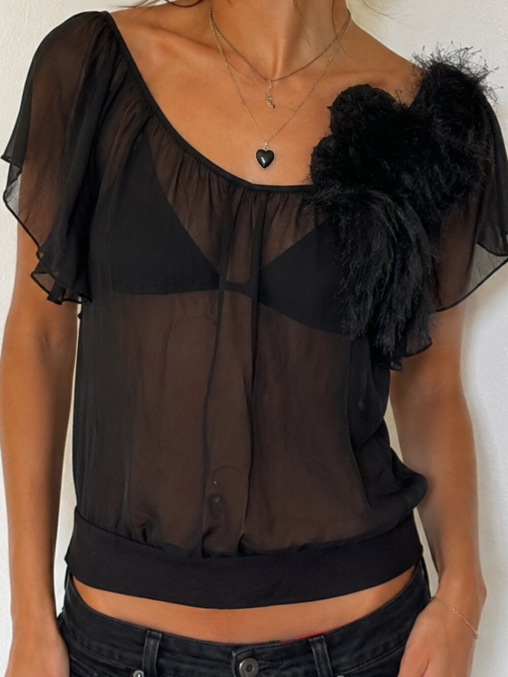 Wet Seal Black Sheer Bow Blouse Medium Whimsygoth Flutter Sleeves Indie Sleaze
